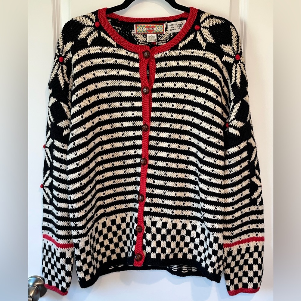 Vintage Cardigan Bay Checkerboard Sweater Women L Button Front Hand Knitted
